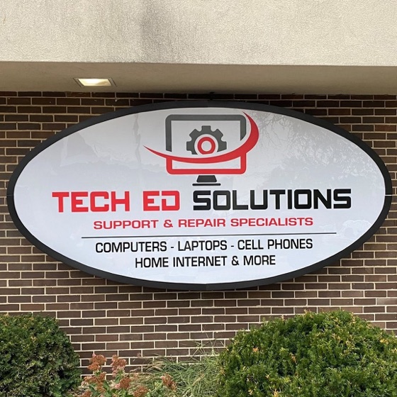 The TechEd and Solutions sign on the building: support and repair specialists for computers, laptops, cell phones and home internet