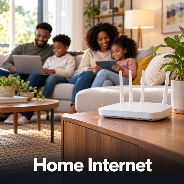 A Wi-Fi router on a side table in a living room, with a family on the sofa behind it using a laptop and a tablet